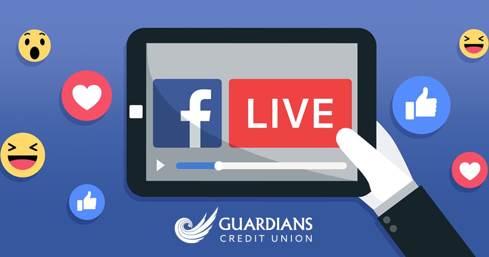 An ipad surrounded by emojis displaying the Facebook Live logo. At the bottom, the Guardians Credit Union logo.