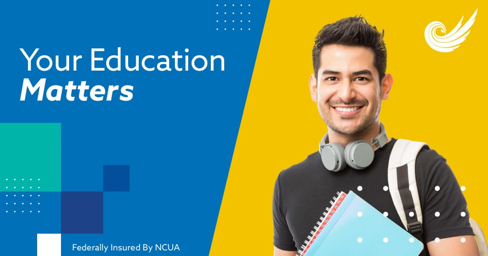 A young student standing in a library holding an open notebook and smiling. At the left, the words: Win a $2,000 scholarship.