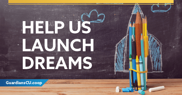 A rocket ship drawn on a blackboard using crayons. To the left, the words: Help us launch dreams.