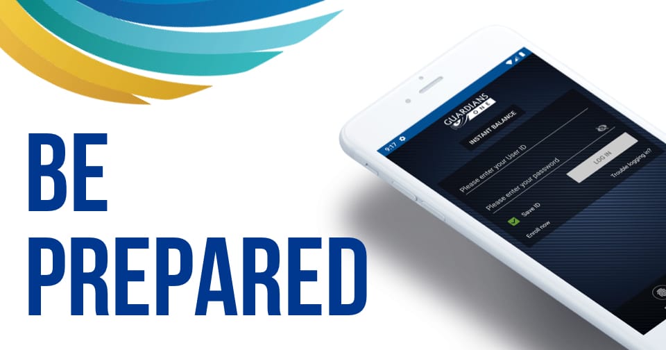 The Guardians One mobile app. To the left, the words: be prepared.