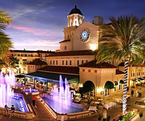 A nighttime view of CityPlace in West Palm Beach, FL