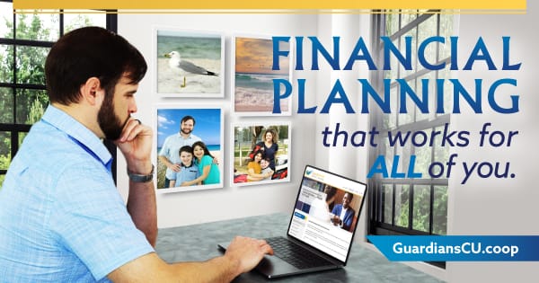 A young professional in a bright office sitting at a desk using a laptop. To the right, the words: Financial planning that works for all of you.